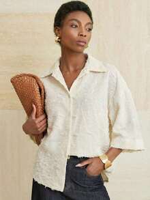 Camisa de manga 7/8 verde oliva, corte minimalista, ajuste holgado, cuello clásico de solapa, cómoda de llevar - Blanco - Ver 12