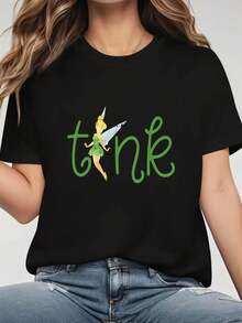 1 camiseta de mujer con estampado mecánico |   Camiseta negra casual de cuello redondo, diseño de dibujos animados en verde y blanco, mangas cortas, top de moda primavera/verano, ropa casual con diseño divertido y ajuste cómodo, camiseta para mujer, vestido de trabajo, a la moda, 180g 100% algodón. - Negro - Ver 6