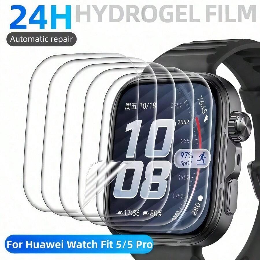 3pcs Full Coverage Curved Anti-Scratch Screen Protector Film For Huawei Watch Fit 5 Pro/Fit 5 Smart Sports Watch, Soft Hydrogel Film - Clear - View 1