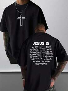 Men's Classic Graphic T-Shirt, Jesus Cross, Faith, Everyday Wear, 100% Cotton, Unisex, Gift Idea For Him Or Her, Religious Clothing, Spiritual Clothing, Christian T-Shirt, Comfortable Design, Casual Style, Summer T-Shirt - 黑色 - 查看 7