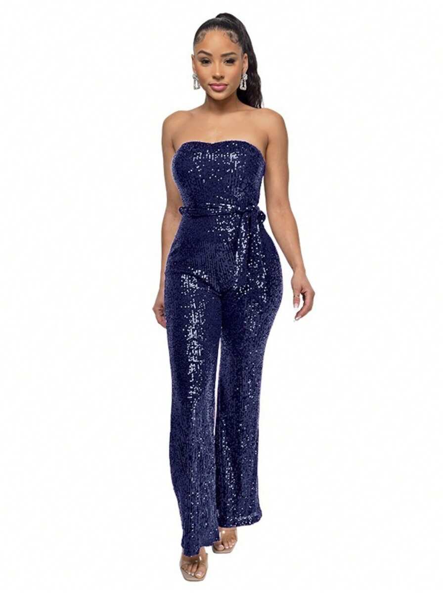 Mono nuevo para mujer, estilo hot, sin mangas, de lentejuelas, espalda descubierta, con cintas, top tubo, diseño sexy, perfecto para fotos de , club nocturno, fiestas y looks de noche - Azul oscuro - Ver 1
