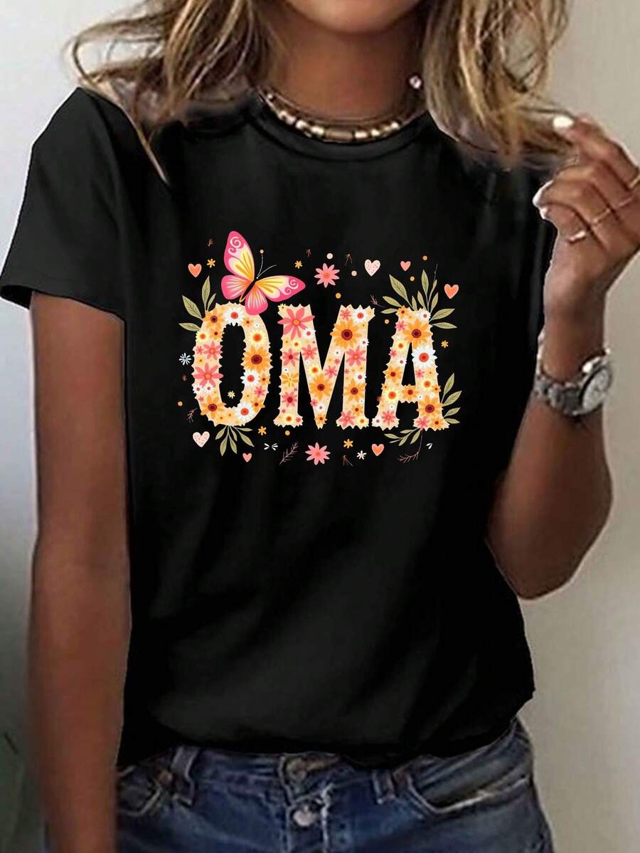 Top casual de mujer con estampado floral, camiseta de manga corta y cuello redondo, perfecta para primavera y verano - Negro - Ver 1