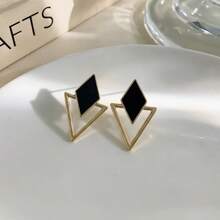 1 paire de boucles d'oreilles géométriques minimalistes à double couche, boucles d'oreilles avec design de bordure dorée élégante, boucles d'oreilles à éclaboussures noires, accessoires de voyage quotidiens - Doré - Voir 3