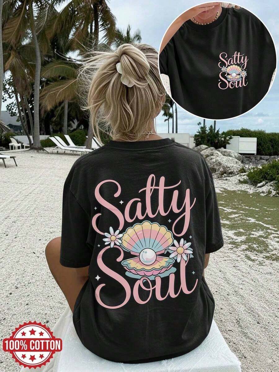 Women's Casual Summer T-Shirt, Sweet Style, With Shell, Pearl, Flower And Salty Soul Print, Short Sleeve, Round Neck, Pure Cotton, Loose Fit With Dropped Shoulders - 黑色 - 查看 1