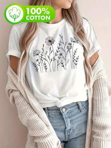 Talla Grande - Talla Grande - Camiseta Casual de Manga Corta con Cuello Redondo y Estampado Floral para Mujer - Blanco - Ver 6