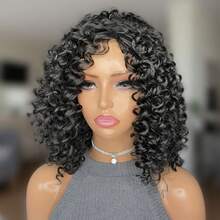 Curly Wig With Bangs Synthetic Heat Resistant Full Wig Curly Wigs For Women - Black - View 3