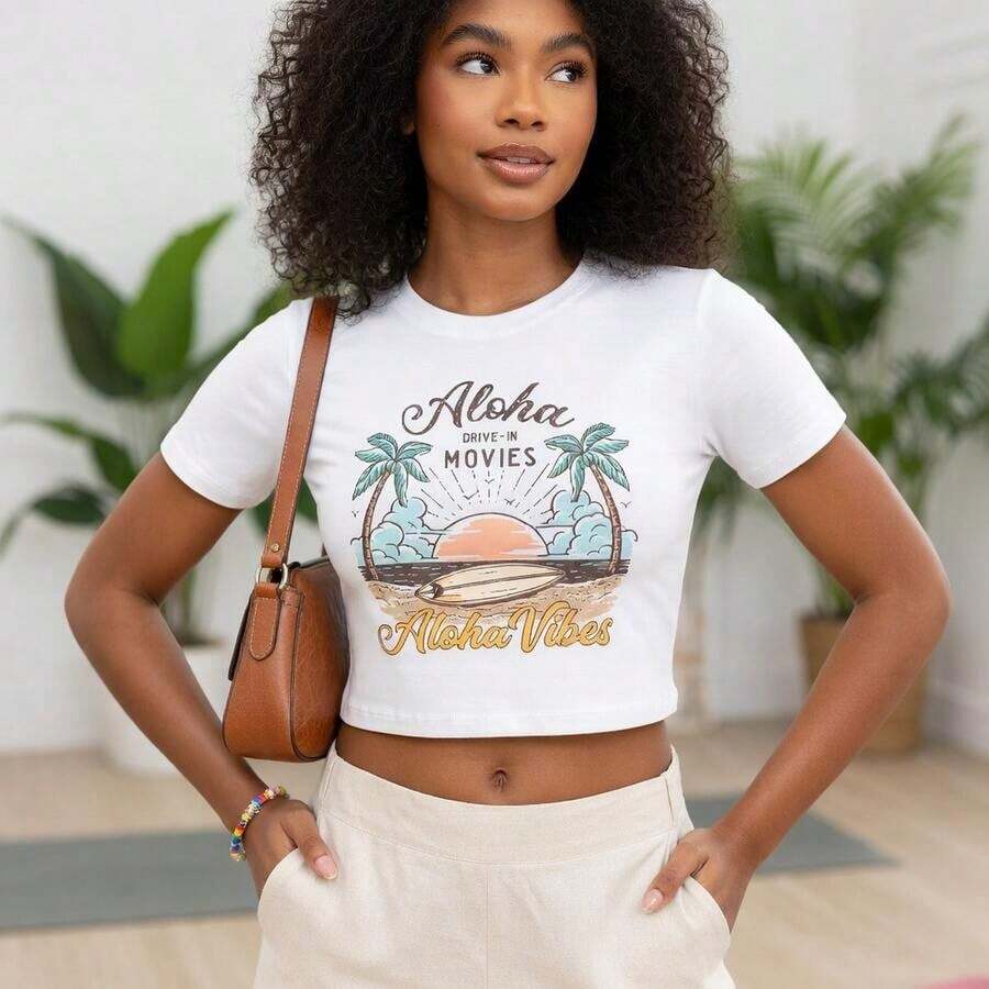 Camiseta Corta de Verano para Mujer Estilo Hawaiano Aloha, con Estampado de Estrellas y Letras Retro Americanas, Corte Ajustado, Cuello Redondo, Manga Corta, Versátil, Casual, Deportiva, Vibrante y a la Moda. camisetas bonitas para mujer camisetas elegantes dama - Estilo - Ver 1