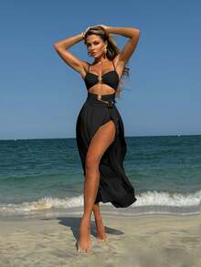 New Three-Piece Swimsuit With Sexy Solid Color Mesh Long Skirt, Bikini - 黑色 - 查看 11