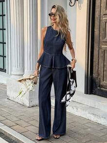 Conjunto de top de mezclilla sin mangas con dobladillo de peplum y jeans para mujer, adecuado para primavera, verano, otoño, elegante para el Día de San Valentín, vacaciones, carnaval, verano, primavera, ir a la universidad, elegante, Y2K, lindo, ropa de fiesta, boda, casual de negocios, vacaciones, resort, chic, conjunto de dos piezas con blusa de dobladillo de peplum y pantalones anchos y fluidos para mujer - Azul - Ver 6