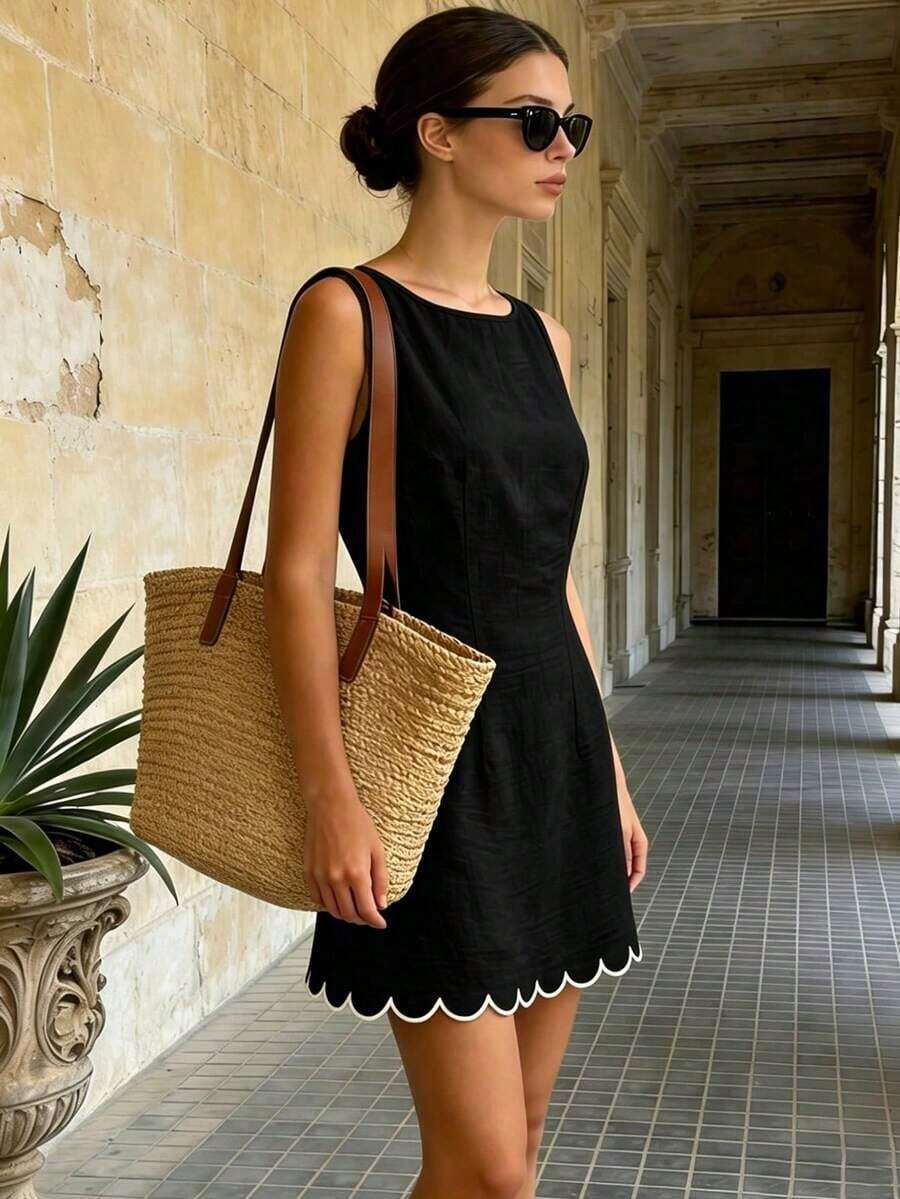 Vestido casual sin mangas con cuello redondo y espalda descubierta con lazo para mujer - Negro - Ver 1