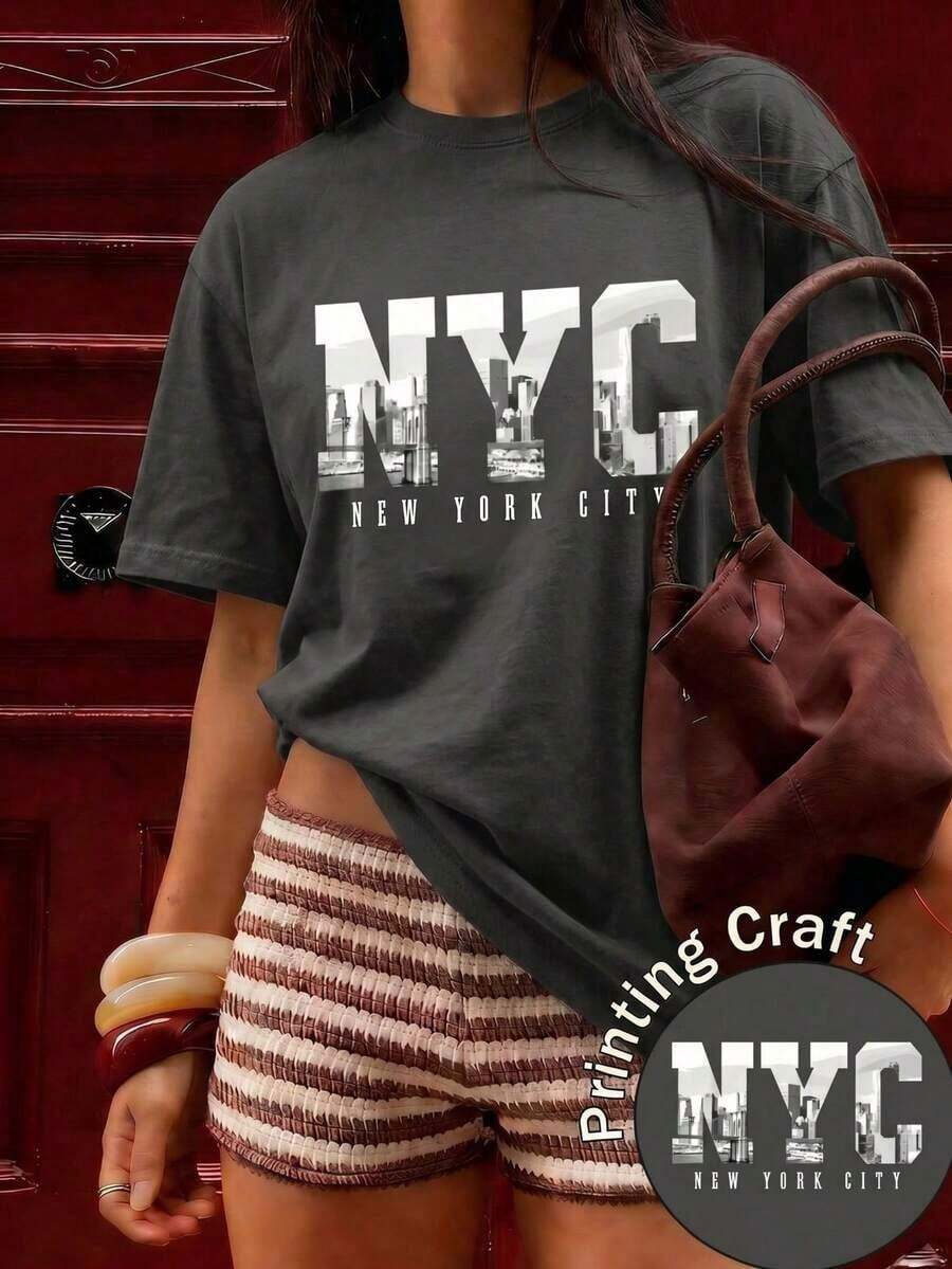 Camiseta Casual para Mujer con Estampado Gráfico de Nueva York, Cuello Redondo Negro, Manga Corta, de Poliéster con Ligera Elasticidad, Largo Regular para un Estilo Urbano Chic - Gris Oscuro - Ver 1
