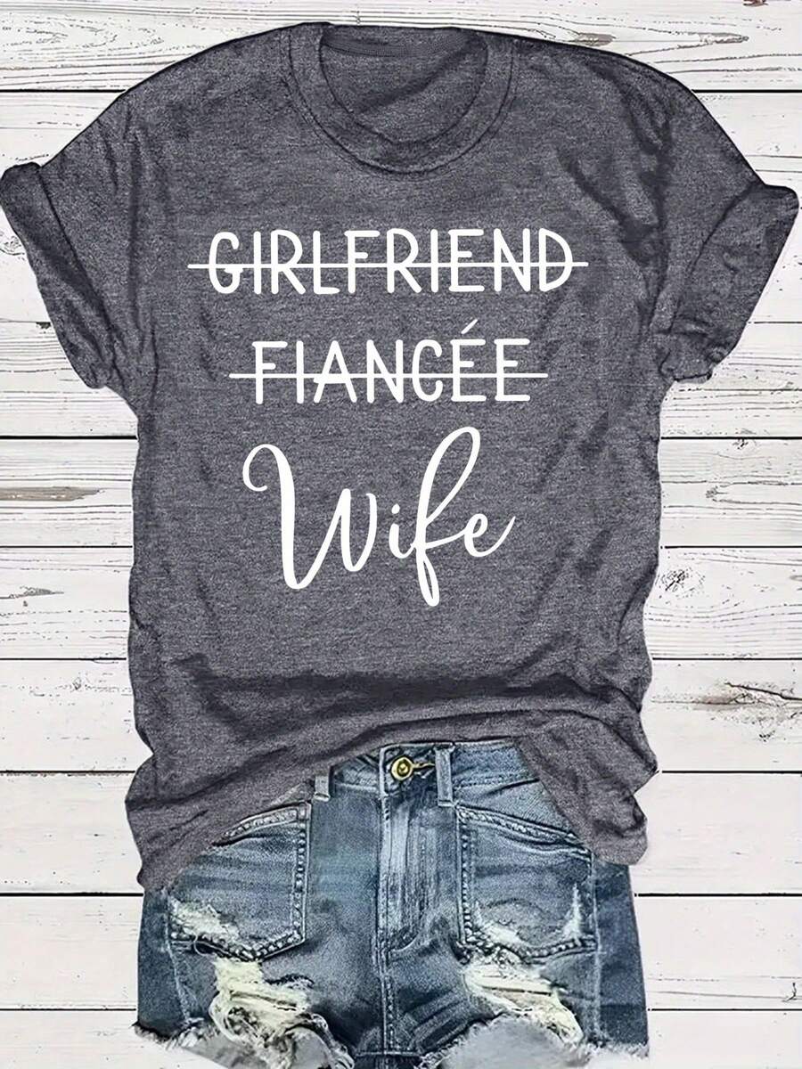 Women's Plus Size Casual T-Shirt, "Bride, Future Wife" Print, Round Neck, Short Sleeve, Loose Fit, Fashionable Summer And Spring Top, All Season Top | Round Neck T-Shirt | Bold Letter T-Shirt, Women's T-Shirts - 深灰色 - 查看 1