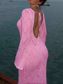 Women's Red Knit Long Sleeve V-Neck Semi-Sheer Dress, Elegant Bohemian Vintage Resort Style Pink Vacation Beach Summer - Pink - View 4