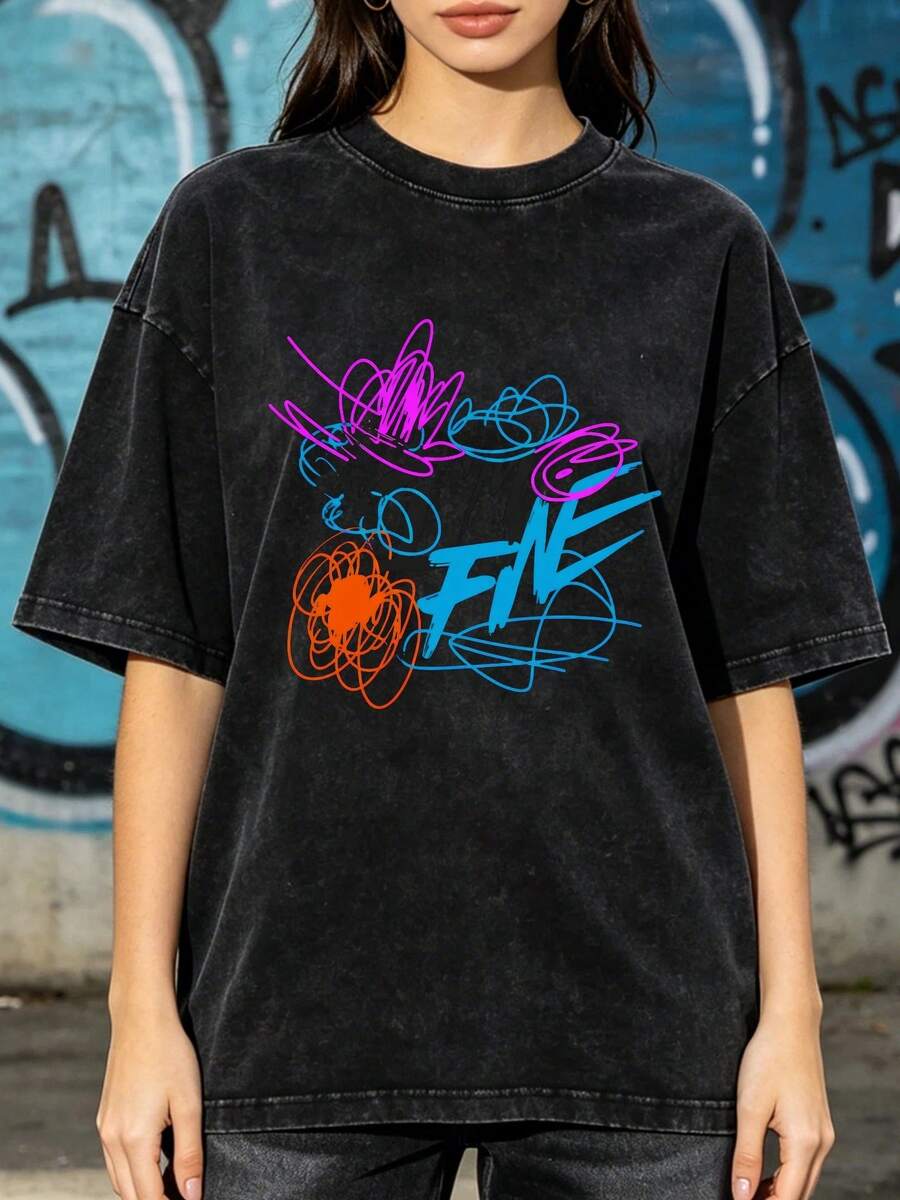 Camiseta casual vintage cómoda y lavada para mujer, camiseta de manga corta con cuello redondo,% algodón lavado y versátil para hombre, adecuada para uso diario y atuendos de, estilo unisex. - Negro - Ver 1