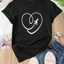 Camiseta casual holgada de manga corta para verano con diseño de estampado en forma de corazón - negro - Ver 2