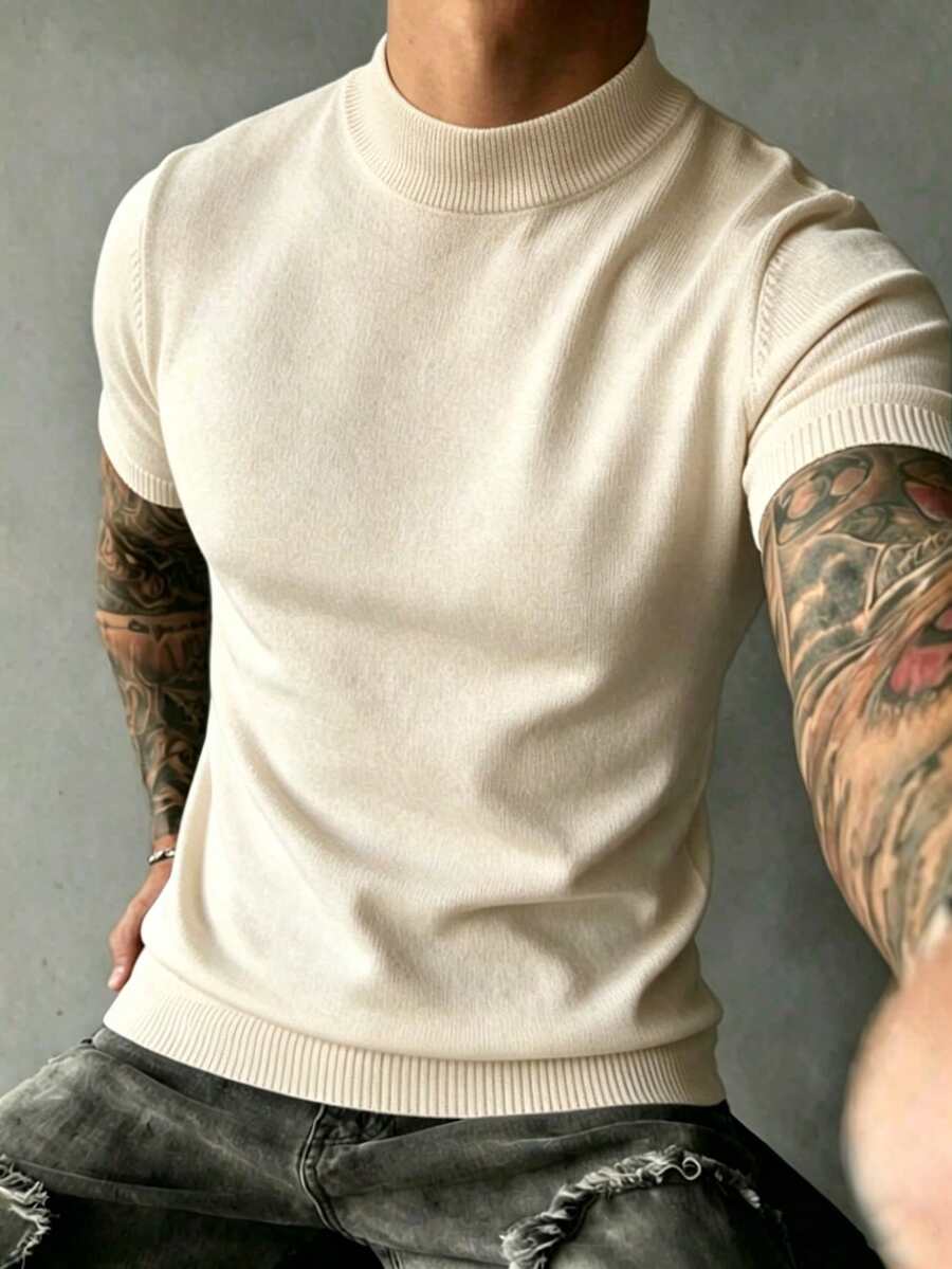 Atasan Rajut Lengan Pendek Leher Bulat Setengah Turtleneck Pria - Aprikot - View 1
