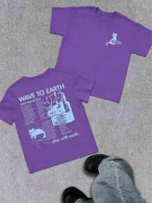 WAVE TO EARTH Play With Earth Letters Kitten Print Men's T-Shirt, Simple Art Harajuku Style, Band Music Kitten T-Shirt, Fashion Casual Loose Men And - 紫色 - 查看 1