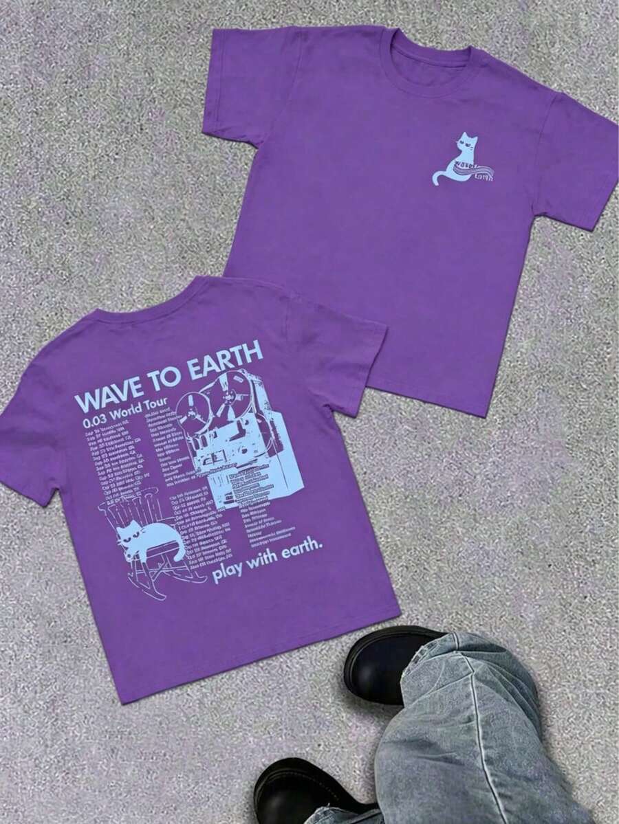 WAVE TO EARTH Play With Earth Letters Kitten Print Men's T-Shirt, Simple Art Harajuku Style, Band Music Kitten T-Shirt, Fashion Casual Loose Men And - 紫色 - 查看 1