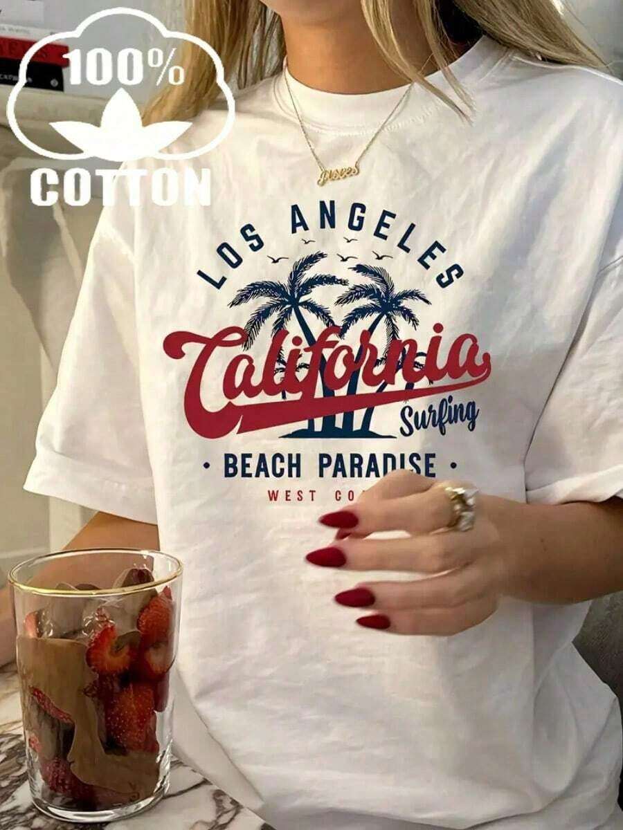 NewSummerCasual Women's 100% Cotton White T-Shirt With A Casual And Chic Print. This Comfortable And Relaxed Style Is Perfect For Romantic Dates, Outings With Loved Ones, Or Afternoons In The Park. This Unisex Cotton T-Shirt Features A Loose Fit, Short Sleeves, And A Crew Neck With An Urban Vintage Style. - 白色的 - 查看 1