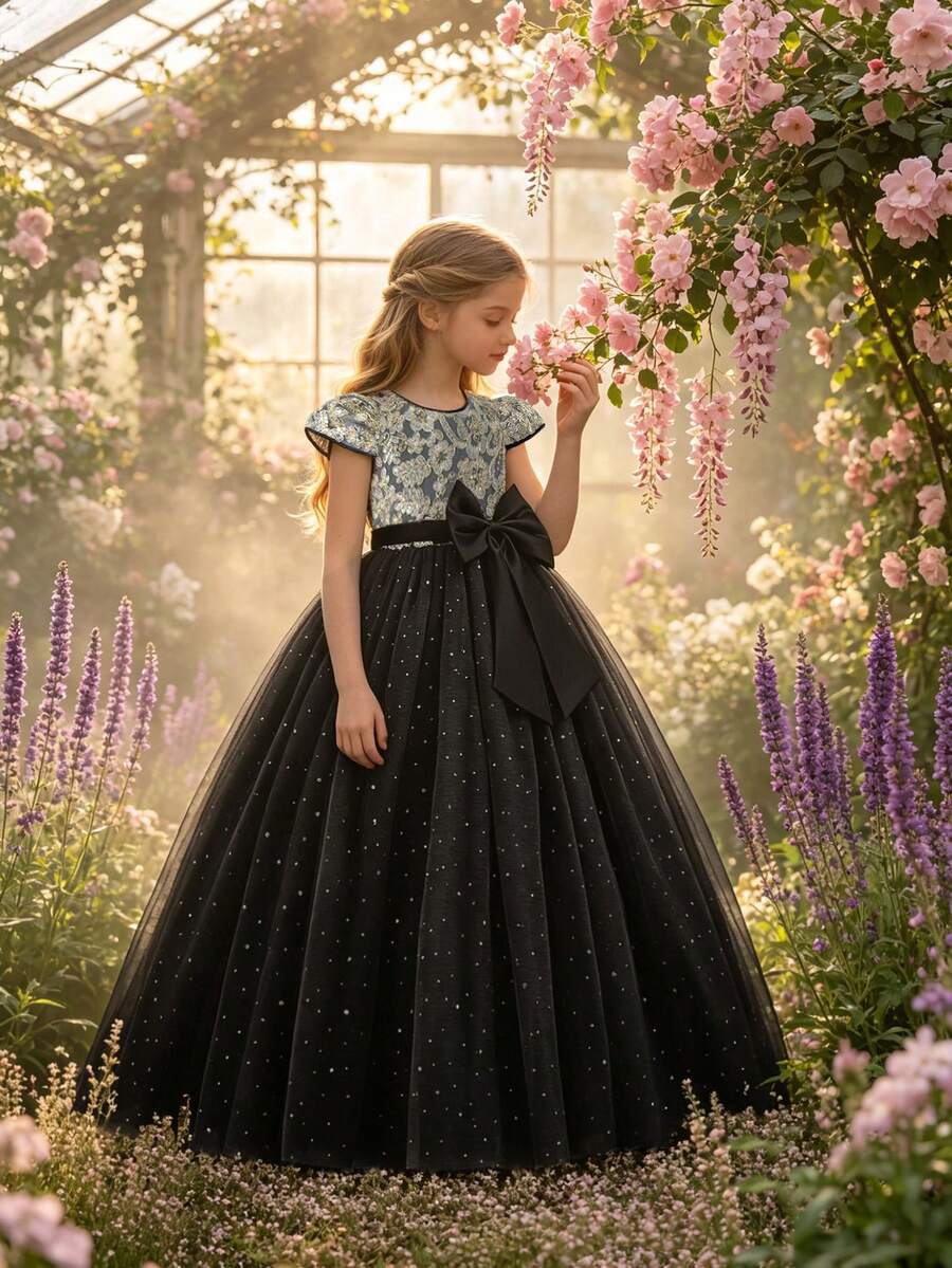 少女刺繡網紗公主長洋裝 優雅蓬蓬舞會禮服 適合派對穿著，不含髮箍 - 黑色 - 查看 1