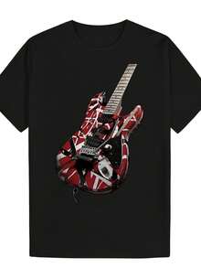 Camiseta de hombre, diseño unisex de guitarra eléctrica a rayas rojas y blancas, camiseta de algodón puro, suave, un artículo imprescindible de moda casual urbana adecuado para todas las estaciones, versátil para todas las estaciones, asequible para el uso diario y un regalo de Navidad perfecto para fans y amigos, camisa casual de mujer, adecuada para uso diario en casa, trabajo y fiestas. - Negro - Ver 1