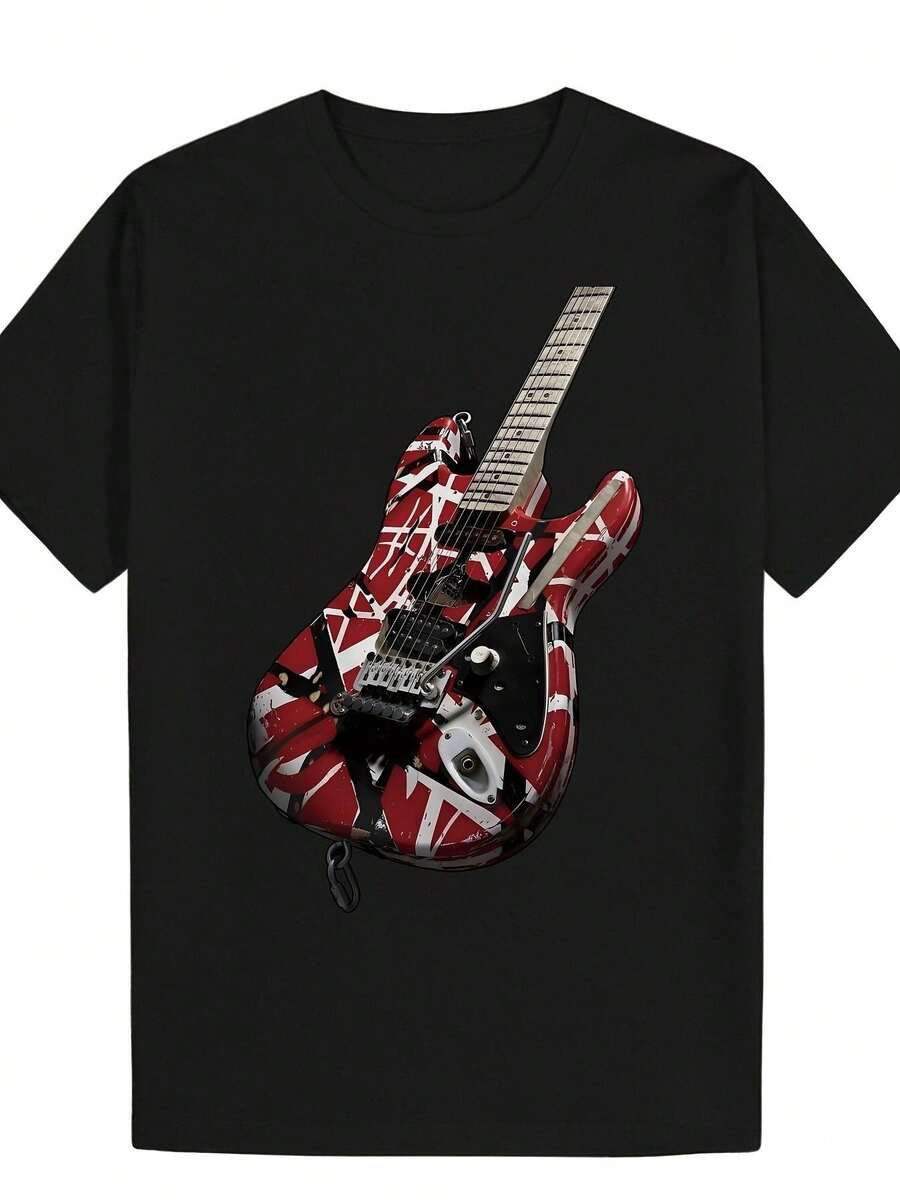Camiseta de hombre, diseño unisex de guitarra eléctrica a rayas rojas y blancas, camiseta de algodón puro, suave, un artículo imprescindible de moda casual urbana adecuado para todas las estaciones, versátil para todas las estaciones, asequible para el uso diario y un regalo de Navidad perfecto para fans y amigos, camisa casual de mujer, adecuada para uso diario en casa, trabajo y fiestas. - Negro - Ver 1