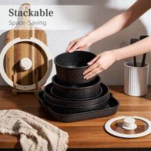 RIOVARM Induction Non Stick Frying Pan And Pot Set With Lids, Granite Cookware Set With Detachable Handles, Stackable Kitchen Cookware With Removable Handles, Camping Frying Pan Set - View 5