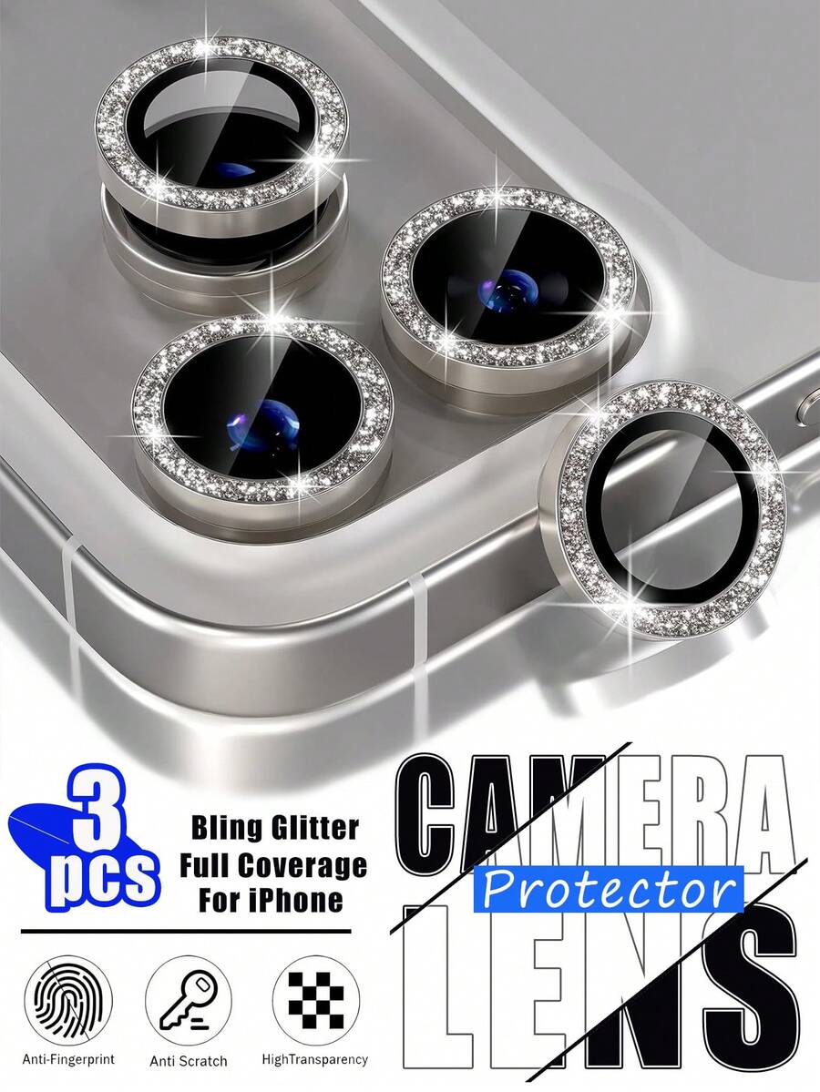 3件/包 灰色閃粉鏡頭保護膜，適用於 iPhone 17 Pro/17 Pro Max，鋼化玻璃相機保護蓋，金屬材質，相機蓋配件，耐磨防刮、抗震防塵、防指紋，不影響原機拍攝，精緻高端配件，適用於 17 Air/17/16 Pro Max/16 Pro/16 Plus/16/15/14/13/12/11 及其他機型，可搭配手機殼使用，高端鏡頭裝飾螢幕保護膜，適合所有機型，含包裝