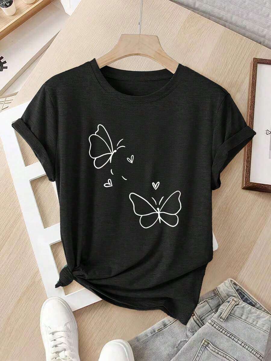 Ropa Curvy En Oferta Y Una Camiseta De Manga Corta Para Mujer, Holgada Y De Estilo Retro, Ideal Para Actividades Al Aire Libre En Primavera Y Verano. Camiseta De Manga Corta Con Cuello Redondo Para Mujer, Estilo Europeo Y Americano, Ligera, Transpirable, Elegante, Estampada, CóModa, De Estilo Urbano Moderno, VersáTil Y Casual, Perfecta Para Deportes. Blusas Para Mujer,Blusas Casuales Para Dama,Tops,, Mujer Premium,Y2K,Playeras De Mujer Curvy,Ofertas Y Liquidaciones Ropa Mujer,Playeras Deportivas Para Mujer,,Playeras De Hombre, Mujer,Blusas>Elegante YGMDCamisetas Para Mujer Y2K - Negro - Ver 1