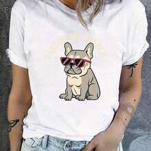 Ropa Curvy en Oferta y  Camiseta con Estampado de Bulldog Francés y Cuello Redondo para Primavera y Verano, Camiseta Casual de Manga Corta para Mujer, Estilo Y2K. 220G Algodón 100%, 220G A1DA para Estabilidad. El estilo A1DA1 es adecuado para todas las identidades, tanto masculinas como femeninas. Tela S 1, Tela C 1 de calidad, práctica en cualquier combinación A1JE, suave al tacto pero diseñada para durar. Blusas Frescas, Trajes de Otoño, VaC1Actions, Temática Mexicana, Vestidos con Temática de la Copa Mundial 2026, Camisetas para Mujer Y2K - Blanco - Ver 7