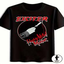 Camisa de Hombre con Estampado de Metal Pesado - Dise?o de Espada Medieval EXCITER, Camisa Transpirable para Conciertos de Bandas Negras y Festivales de Música, un Imprescindible para Fans del Rock co - Negro - Ver 2