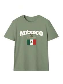 Camiseta de manga corta con estampado de la bandera tricolor mexicana verde salvia, para uso casual, deportivo y diario en veranoConjuntos de Vacaciones de Verano 2026 - Verde militar - Ver 3