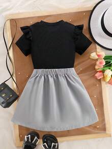Französisches elegantes Mädchen-Set, Bluse mit Rüschenärmeln und Schleifenrock - Silber - Übersicht 2