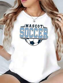 Balón y palabra Soccer en estilo deportivo con tipografía universitaria que simboliza pasión energía y orgullo por el fútbol camiseta de mujer casual cómoda para uso diario - Negro - Ver 6