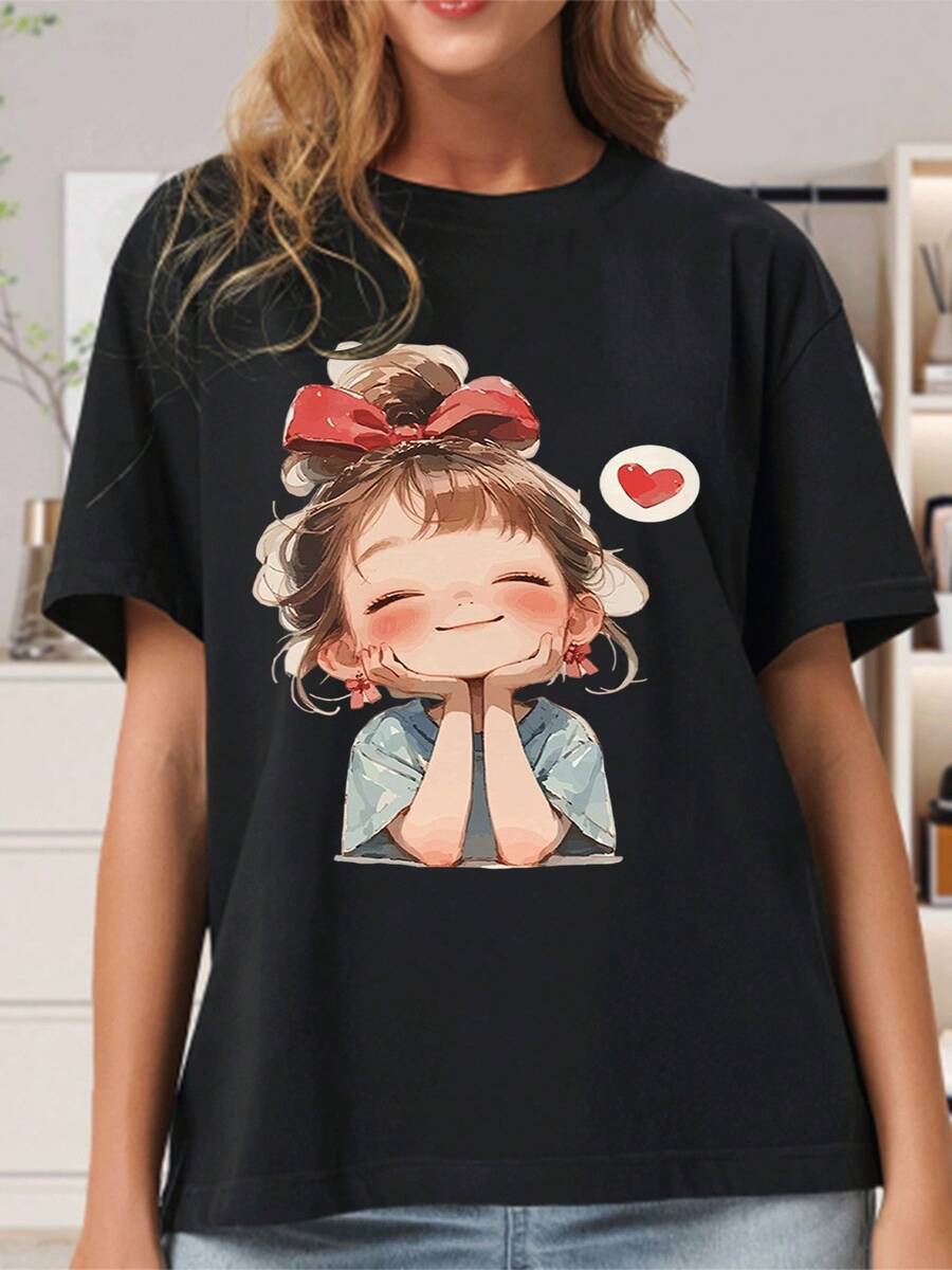 Camiseta divertida de caricatura diseño único alegre moderna casual amplia fácil de combinar para chicas adolescentes disponibles en negro varios tamaños moda juvenil - Negro - Ver 1
