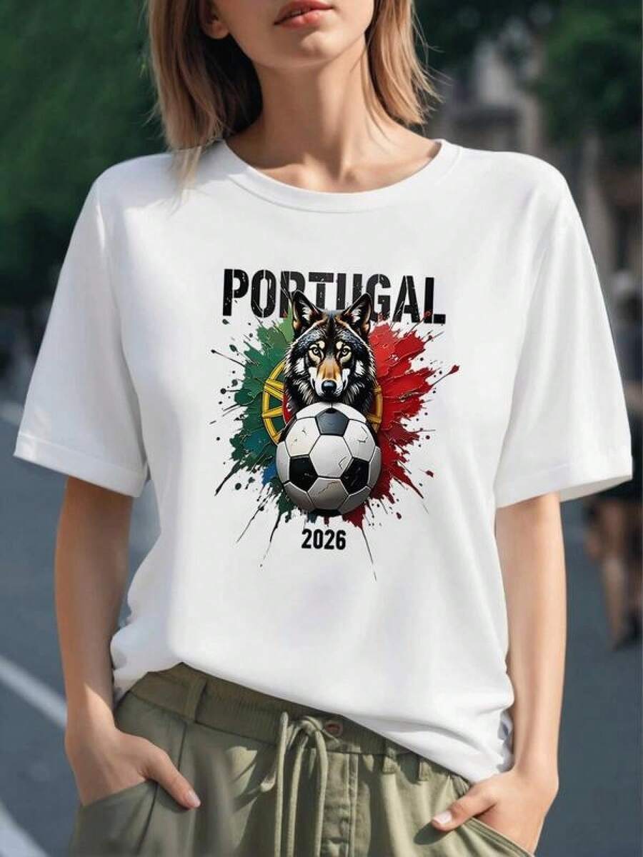 Lobo rodeado por los colores vibrantes de Portugal que simbolizan fuerza coraje y pasión por el fútbol junto a un balón representando unidad y espíritu deportivo camiseta para mujer 100% algodón - Negro - Ver 1