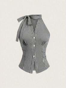 Camisa de mujer de corte ajustado con cuello con lazo, sin mangas, escote en V delantero abierto, botones verticales en la cintura y fruncido, de estilo casual y elegante para primavera y verano - Negro - Ver 5