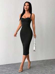 Vestido midi ajustado y entallado con parte trasera dividida, copa de busto y cadera azul - Negro - Ver 7