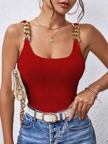 Camiseta Sin Mangas Para Mujer Con Tirantes De Cadena De Metal Y Espalda Descubierta - Rojo - Ver 1