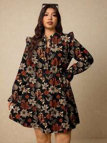 Vestido casual de manga larga con cuello de lazo, volantes y estampado floral para mujer de talla grande, apto para primavera/invierno - Multicolor - Ver 4