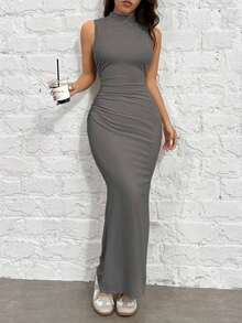 1 pieza Vestido de punto ajustado sin mangas color rojo rosa para mujer - Gris - Ver 5