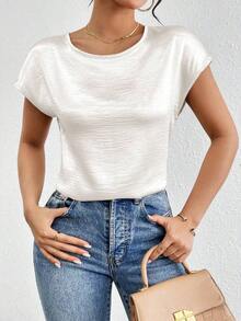Blusa holgada y elegante casual con hombros de lámina metálica para mujer; Blusa de unicolor de satén con mangas tipo murciélago y cuello plisado para mujer - Blanco - Ver 5