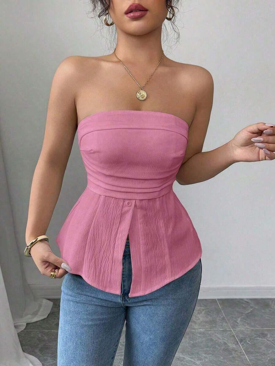 Blusa casual y sexy con diseño sin espalda y textura tejida para mujer, /verano - Rosa Fucsia - Ver 1