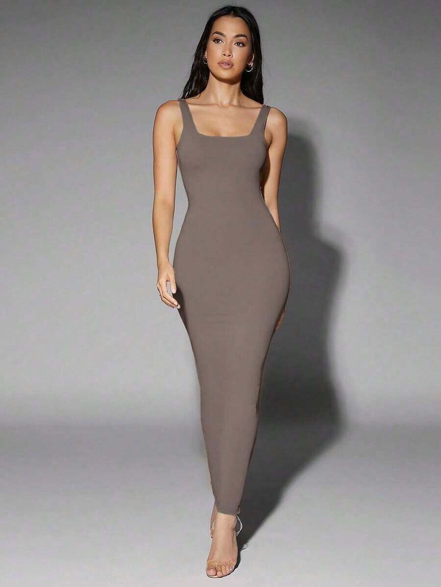Vestido de tirantes sólido - Marrón Mocha - Ver 1