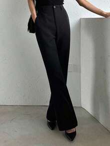 Pantalones acampanados de cintura alta de unicolor, ajuste delgado y casual para mujer - Negro 2 - Ver 3