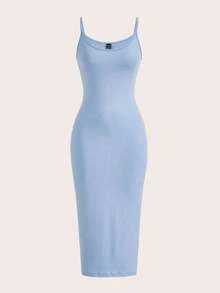 BASICS Vestido casual de cena y citas de unicolor con tirantes de espagueti y silueta ajustada - Celeste - Ver 5