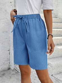 Bermudas, unicolor, con bolsillos laterales, corte holgado, longitud hasta la rodilla, cintura media, estilo básico - Azul - Ver 5
