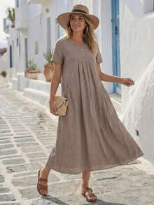 Vestido casual de mujer de unicolor con doble bolsillo - Marrón - Ver 2