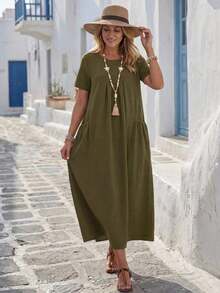 Vestido casual de mujer de unicolor con doble bolsillo - Verde - Ver 3