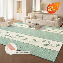 1pc [French Country Fresh Style] Velvet Material Carpet, Mint Green & Beige Color Block With Hand-Painted Vine Leaf Pattern Design, Bedroom Bedside, Balcony Leisure Area - Multicolor - View 17